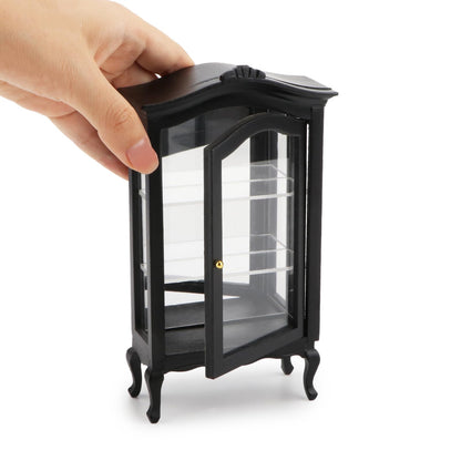 Miniature Furniture Display Shelf 1:12 Wooden Cabinet with Mirror & Three Shelves Bookshelf Dollhouse Display Stand Decoration Accessories Mini Diningroom Scene Ornaments (Black)