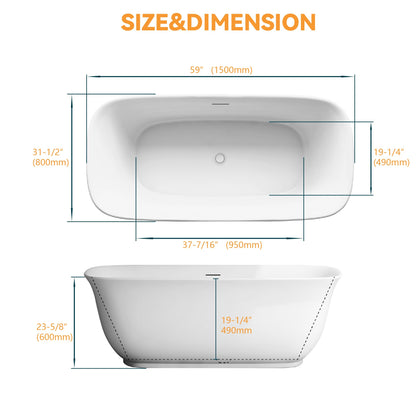 Adecab 59" Acrylic Freestanding Bathtub, Soaking Tub for Bathroom, Stand Alone Tub, cUPC Certified, Integrated Overflow and Drain, Gloss White