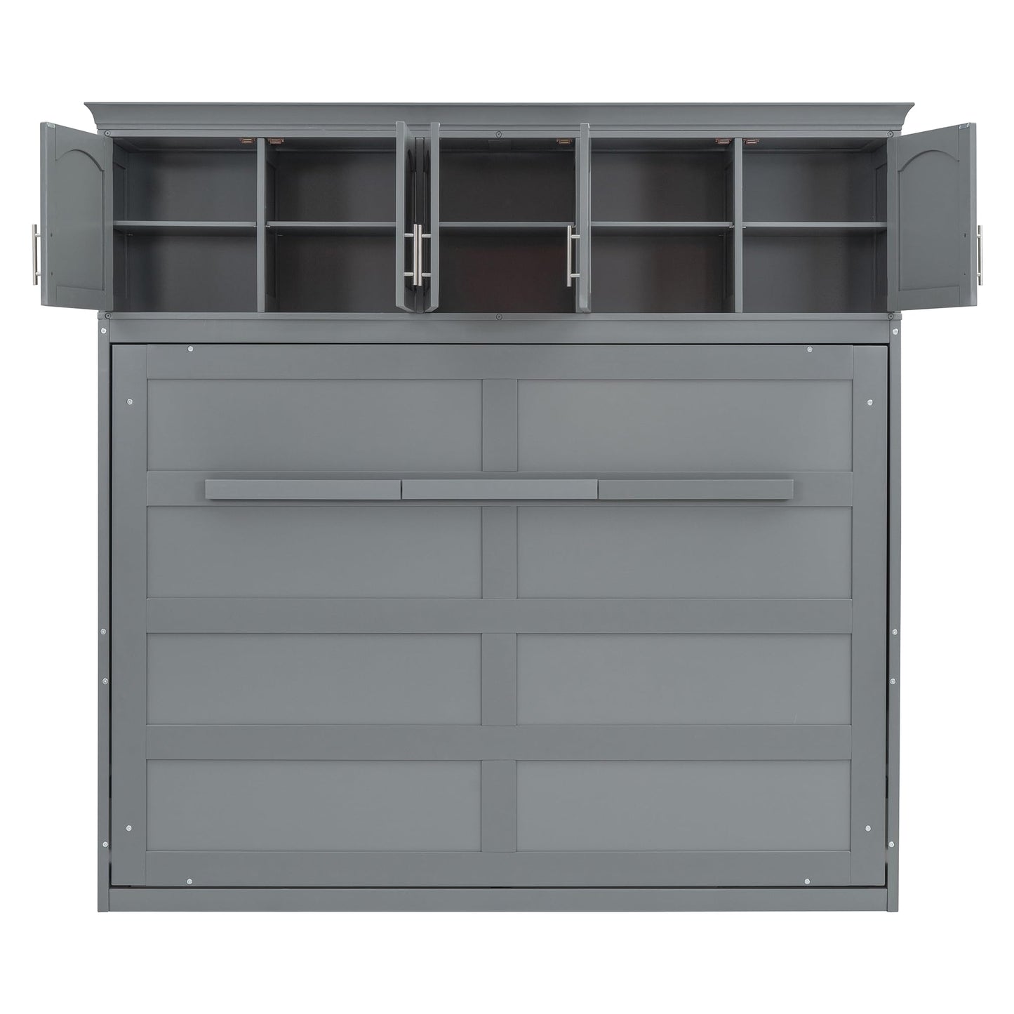 Merax Modern Farmhouse Solid Wood Murphy Cabinet Bed with Top Cabinets, Tall Wall Platform Bed No Box Spring Needed/Easy Assemble Queen,Gray