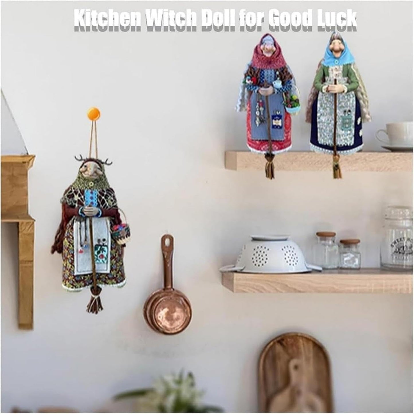 Handmade Kitchen Witch Doll, Good Luck Cooking Dolls Hanging Ornament, Unique Home Decor Figure on Broomsticks for Cooks, Festive Lucks Charm Decoration for Culinary Enthusiasts(A)