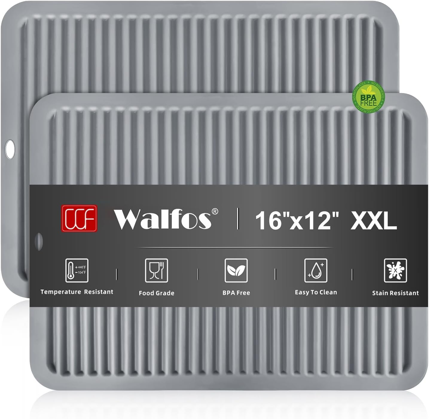 Walfos Large Silicone Trivet, 16x12 Inch, Heat Resistant Pot Holders for Hot Dishes, Gray, 2 Pack