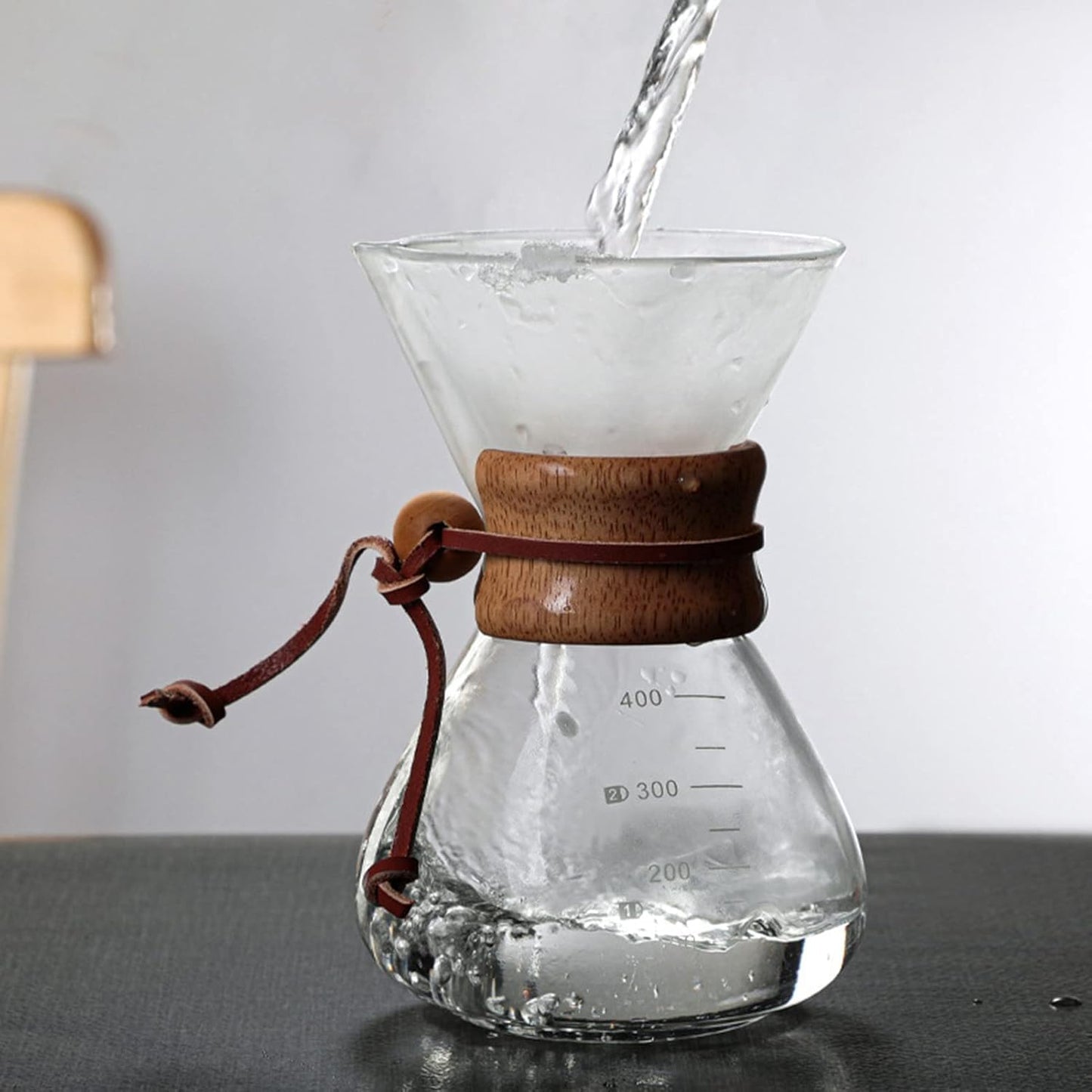 Pour Over Coffee Maker, 400ml Double Filter Wooden Sleeve Brewer for Home Cafe Parties