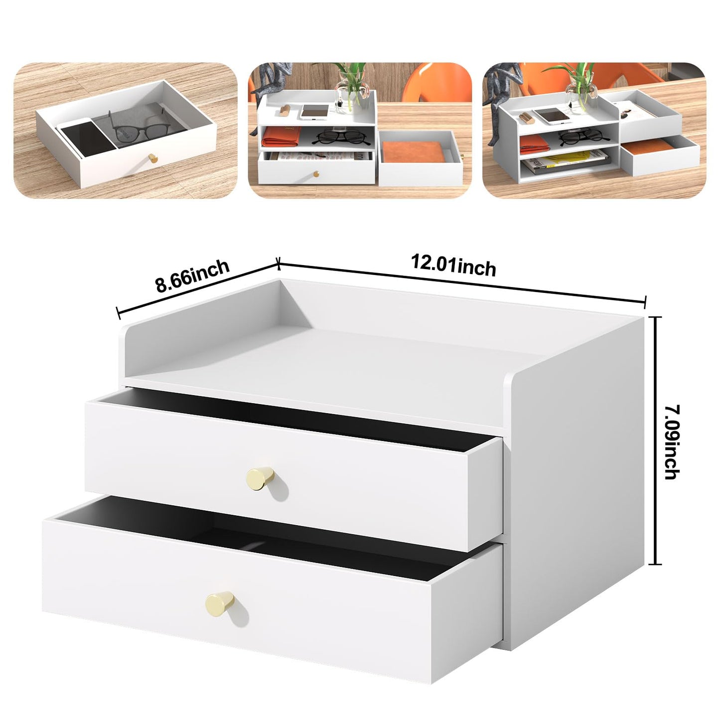 Bamboo Desk Organizer with Drawers Wooden Desktop Storage Organization Box for Bills Office Supplies Kitchen Utensils Organizing Tool for Home Classroom Vanity, No Assembly Required (2 Drawers, White)
