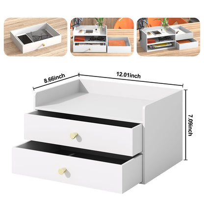 Bamboo Desk Organizer with Drawers Wooden Desktop Storage Organization Box for Bills Office Supplies Kitchen Utensils Organizing Tool for Home Classroom Vanity, No Assembly Required (2 Drawers, White)