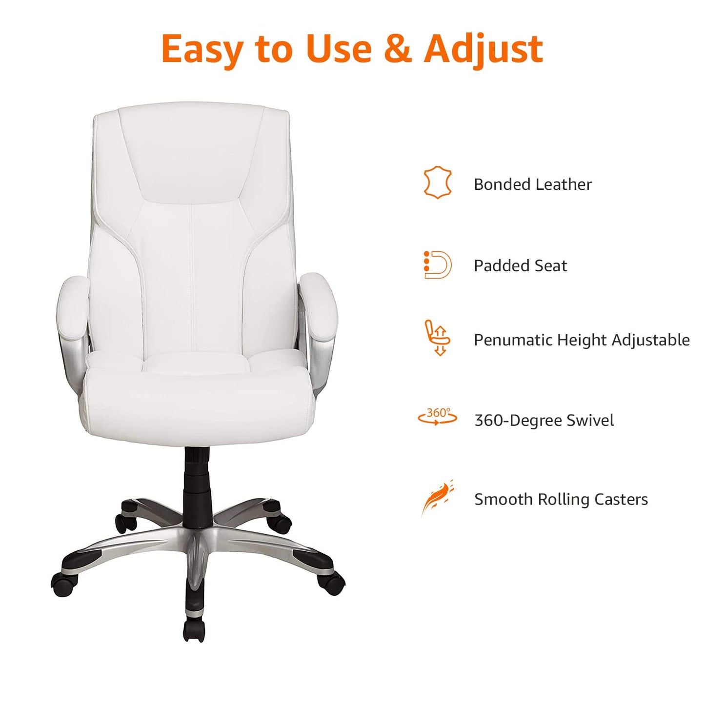 Amazon Basics Executive Home Office Desk Chair with Padded Armrests, Adjustable Height and Tilt, Rolling Swivel Chair, 275 Pound Capacity, White and Pewter