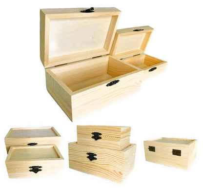 Oojami 12 Pc Rectangle Unfinished Wood Box Natural DIY Craft Stash Boxes with Hinged Lid and Front Clasp for Arts Hobbies Comes in 2 Different Sizes