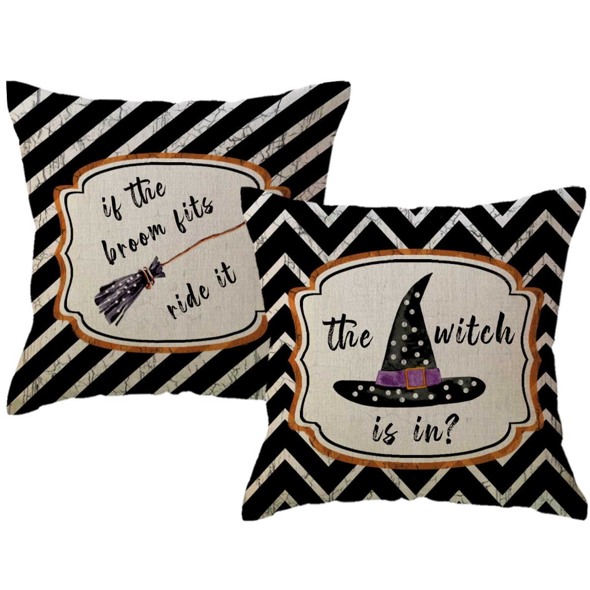 ULOVE LOVE YOURSELF 2Pack Black Halloween Pillow Covers Witch Hat/Broom Happy Halloween Decorative Pillow Cushion Cover Cute Fall Decor Pillowcase for Sofa/Couch/Porch