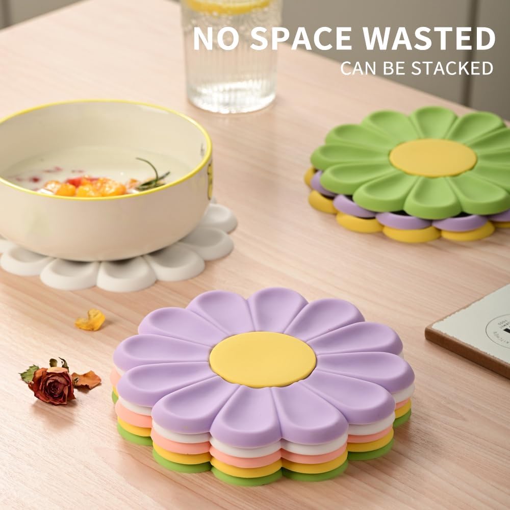 Daisy Trivet for Hot Pots and Dishes, 6.7 Inch Round Flexible Silicone Hot Pads, Heat Resistant Mat