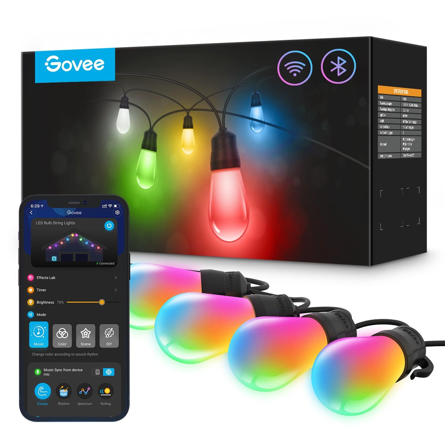 Govee Smart Outdoor String Lights H7021, RGBIC Warm White 96ft (2 Ropes of 48ft) LED Bulbs for Outdoor Decorations, WiFi Patio Lights Work with Alexa, Google, APP Control, IP65 Waterproof