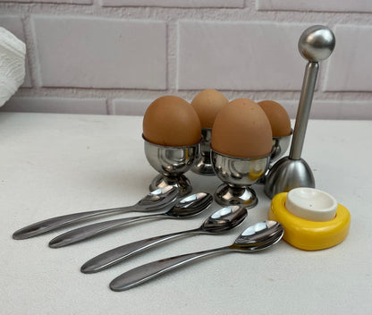 10 Pcs Egg Cups for Soft Boiled Eggs, Jawbush Egg Cracker Topper Set for Raw Hard Boiled Eggs, 4X Egg Spoons, 4X Egg Cups, 1x Magnet Egg Piercer, 1x Stainless Steel Egg Topper Egg Guillotine