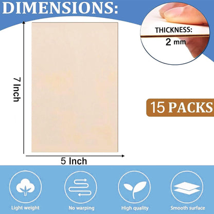 15 Pack Balsa Wood Sheets, 2mm Plywood Sheet, Basswood Sheets 5X7X1/16 Inch,Unfinished Wood Boards Blanks for Laser Cutting, Engraving, Burning, Crafts
