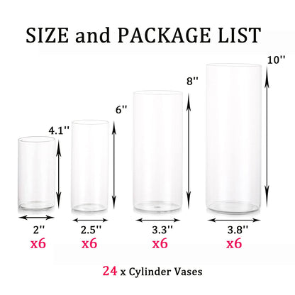 Glass Hurricane Candle Holder Esmiome - Cylinder Vases for Centerpieces 6 Sets (24Pcs) Hurricane Floating Candle Holder, Glass Vases for Flowers, Decorative for Home Wedding, 4''+6''+8'+10''(High)