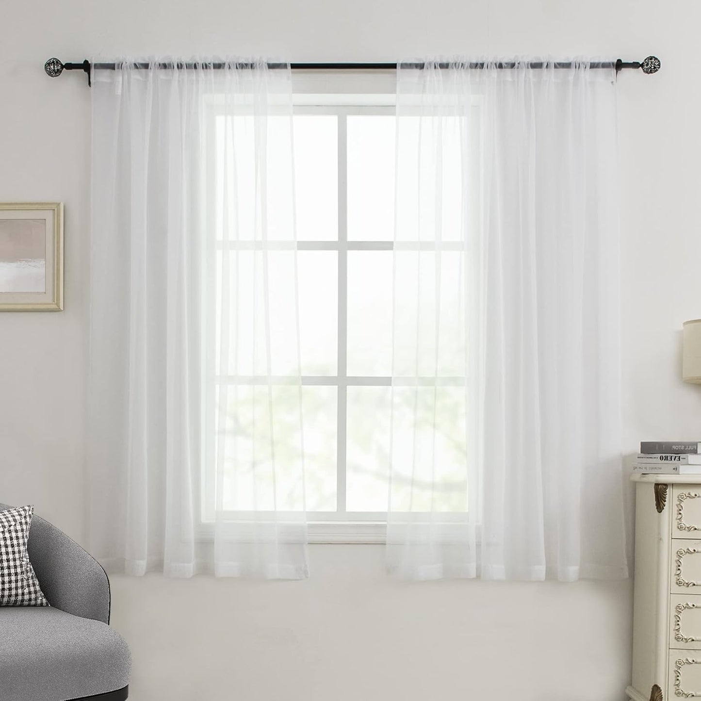 White Sheer Curtains - 54 inches Long for Bedroom, Top Rod Pocket Sheer Window Panels for Nursery, Living Room