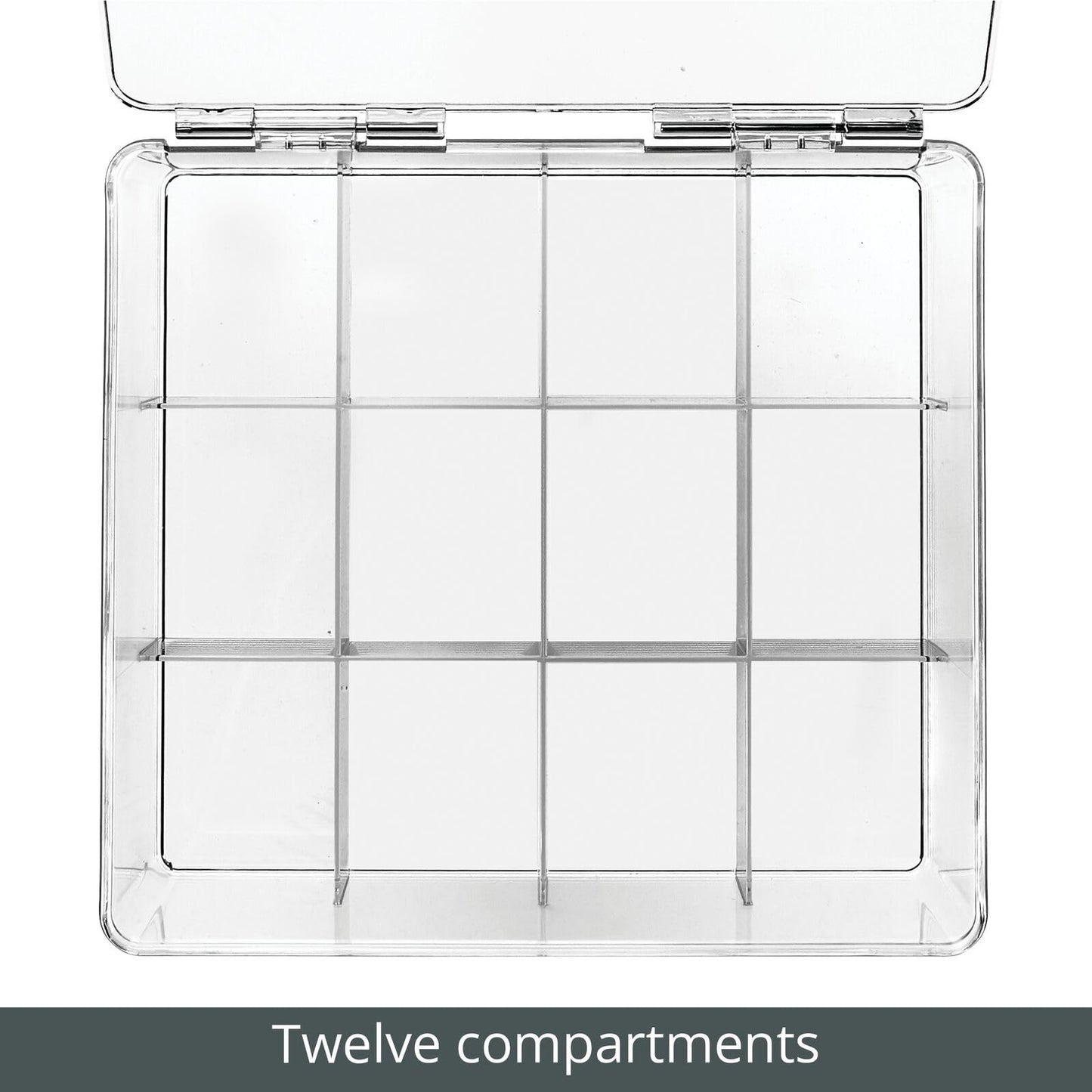 mDesign Plastic Kitchen Organiser — Practical Storage Box with 12 Compartments and Hinged Lid — Pantry Storage Box with Lid for Tea, Coffee, Spices and Other Foodstuffs — Clear