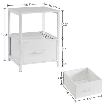 VECELO Nightstand Set of 2 with Wooden Storage Drawer Square Modern Bedside End Tables for Bedroom Living Room, Open Shelf, Industrial Metal Frame, Small Space, White