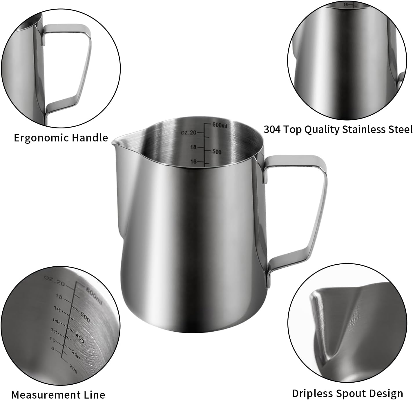 20oz 600ml Milk Frothing Pitcher, Large Capacity Stainless Steel Milk Coffee Cappuccino Latte Art Jug with Latte Art Pen