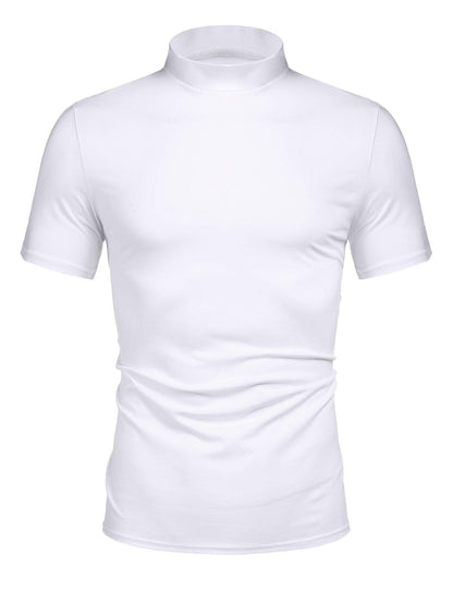 Men's Basic Turtleneck Pullover Tops Melange Colored Slim Fit Short Sleeve T Shirt White M