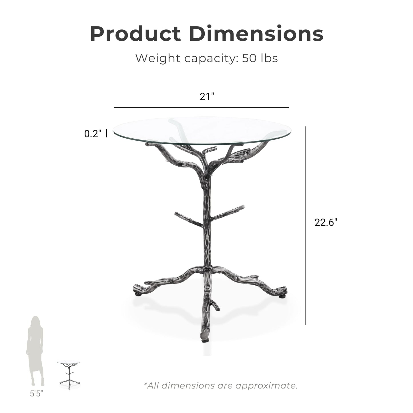24/7 Shop at Home Lalia Modern Round End Table with Nature-Inspired Branch Base, Tempered Glass Top, Hammered Steel Frame for Living Room, Matte Grey