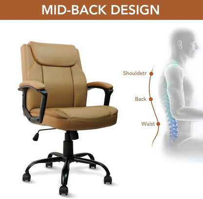 CLATINA Office Chair, Ergonomic Mid-Back Executive Office Chair, PU Leather Desk Chair Swivel Rolling Computer Task Chair with Lumbar Support and Padded Armrests for Home (Brown 4 Pack)