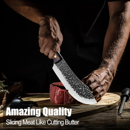 ROCOCO Butcher Knife, Hand Forged 7" Sharp Full Tang Kitchen Meat Cleaver for Home and Outdoor Cooking