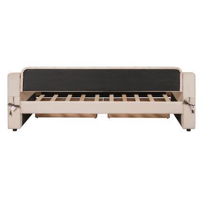 Acosure Twin Size Upholstered Daybed with 2 Large Drawers and USB Port,Bed Frame W/Armrests & Wood Slat Spport,for Bedroom,Apartment,Guest Room,Beige