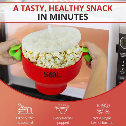 SOL Heat-Resistant Cooking Utensil Set, Microwave Silicone Popcorn Maker with Lid, BPA Free, Collapsible Bowl (Red)