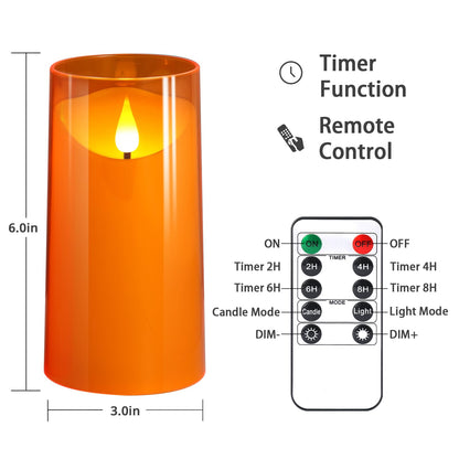 NURADA Flameless Candles with Remote and Timer - 3D Wick Unbreakable Acrylic Battery Operated LED Pillar Battery Candles for Fall Thanksgiving Dinner Tables Wedding Party Home Decor - Orange 2 Pack