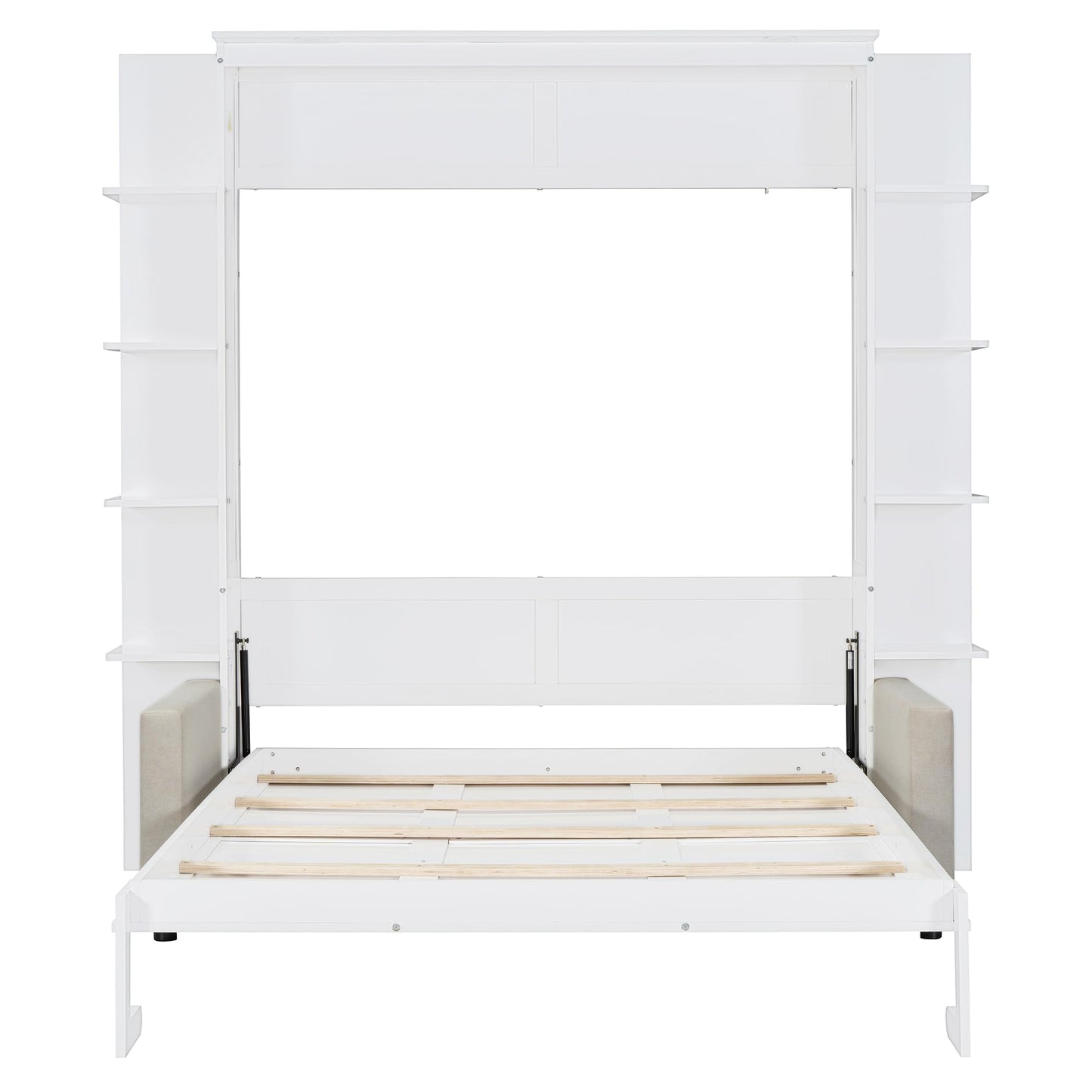 Merax Queen Size Murphy with Sofa and Shelves for Bedroom or Guestroom Wall Bed Space Saving Hidden Bed,No Need Fix to The Wall,Gray