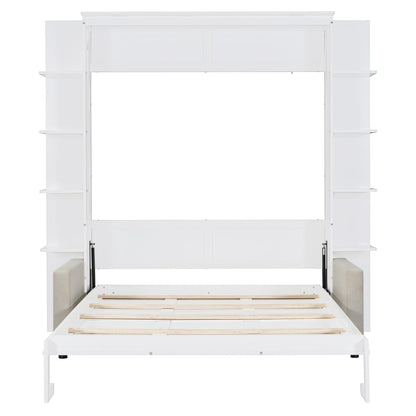 Merax Queen Size Murphy with Sofa and Shelves for Bedroom or Guestroom Wall Bed Space Saving Hidden Bed,No Need Fix to The Wall,Gray