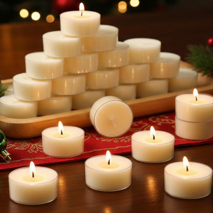 Soy Wax Tea Candles 50 Pack - 4 Hour Long Burning Tea Lights Votive Candles, 100% Natural, Paraffin-Free, Unscented Tealights for Christmas Party, Valentines, Home, Wedding, Emergency