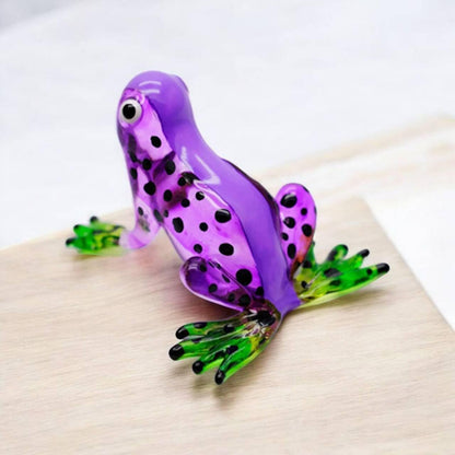 ChangThai Design Tiny 2¼" Purple Green Black Dotted Frog Figurine - Miniature Hand Blown Painted Glass Collectible