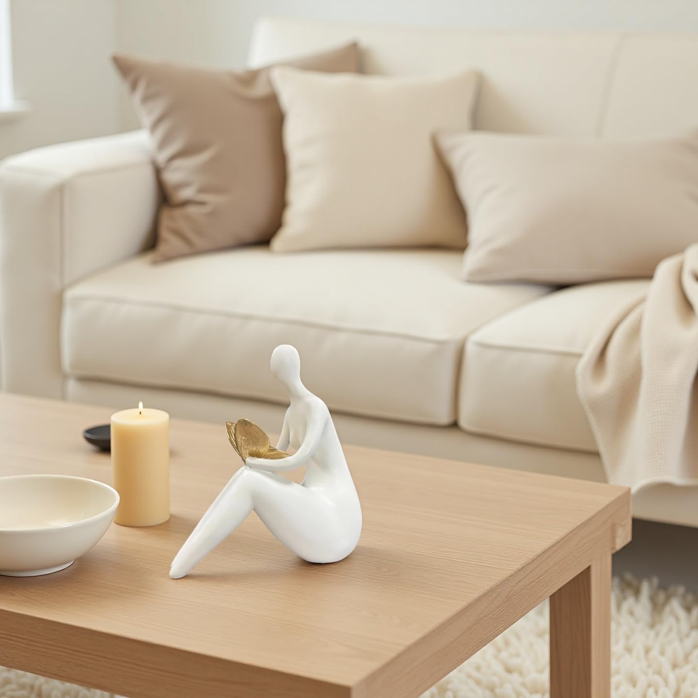 Lescafita White Abstract Sitting Figurine with Gold Butterfly Modern Shelf Sitter Sculpture for Home Decor, Minimalist