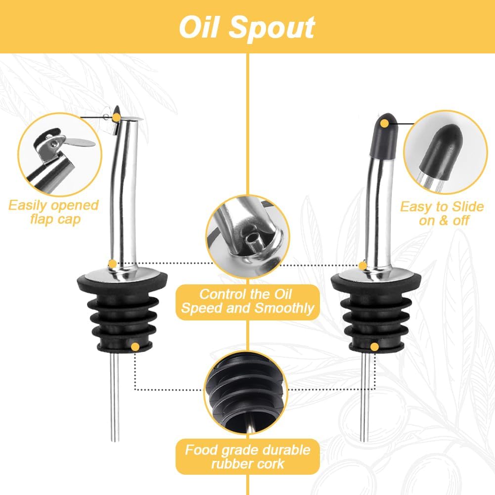 TFPOGOLD Olive Oil Dispenser Bottle - 500ml Glass Oil and Vinegar Bottles Set for Kitchen with 2 Stainless Steel Pourers, Funnel, Brush and 2 Labels, Kitchen Oil Bottles with Drip-Free Design
