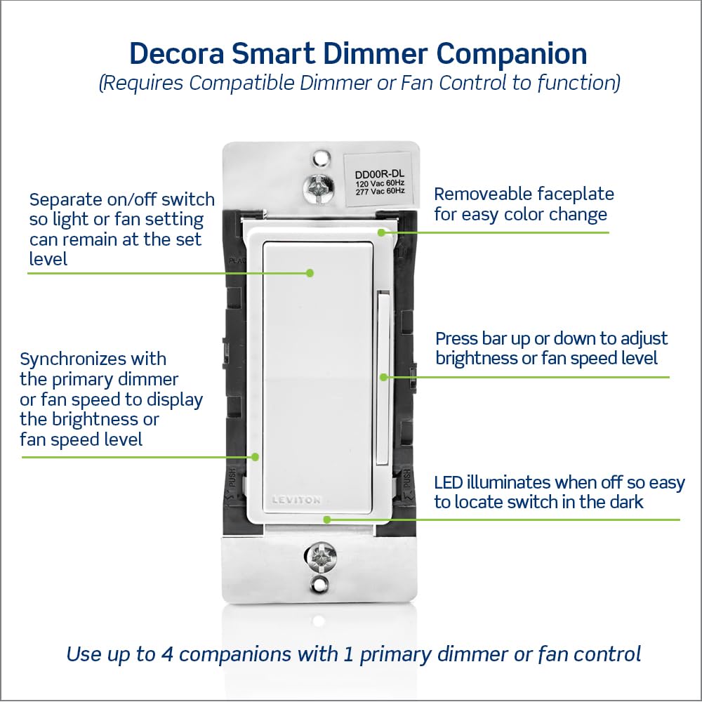 Leviton Decora Smart Switch Companion for Multi-Location Switching (Not for stand-alone use), 120VAC, 60Hz DD0SR-1RM, White, Light Almond