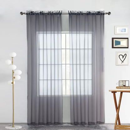 SpaceDresser Sheer Voile Window Treatment - Rod Pocket Curtain Panels for Kitchen, Bedroom, Living Room, Grey, 52 W x
