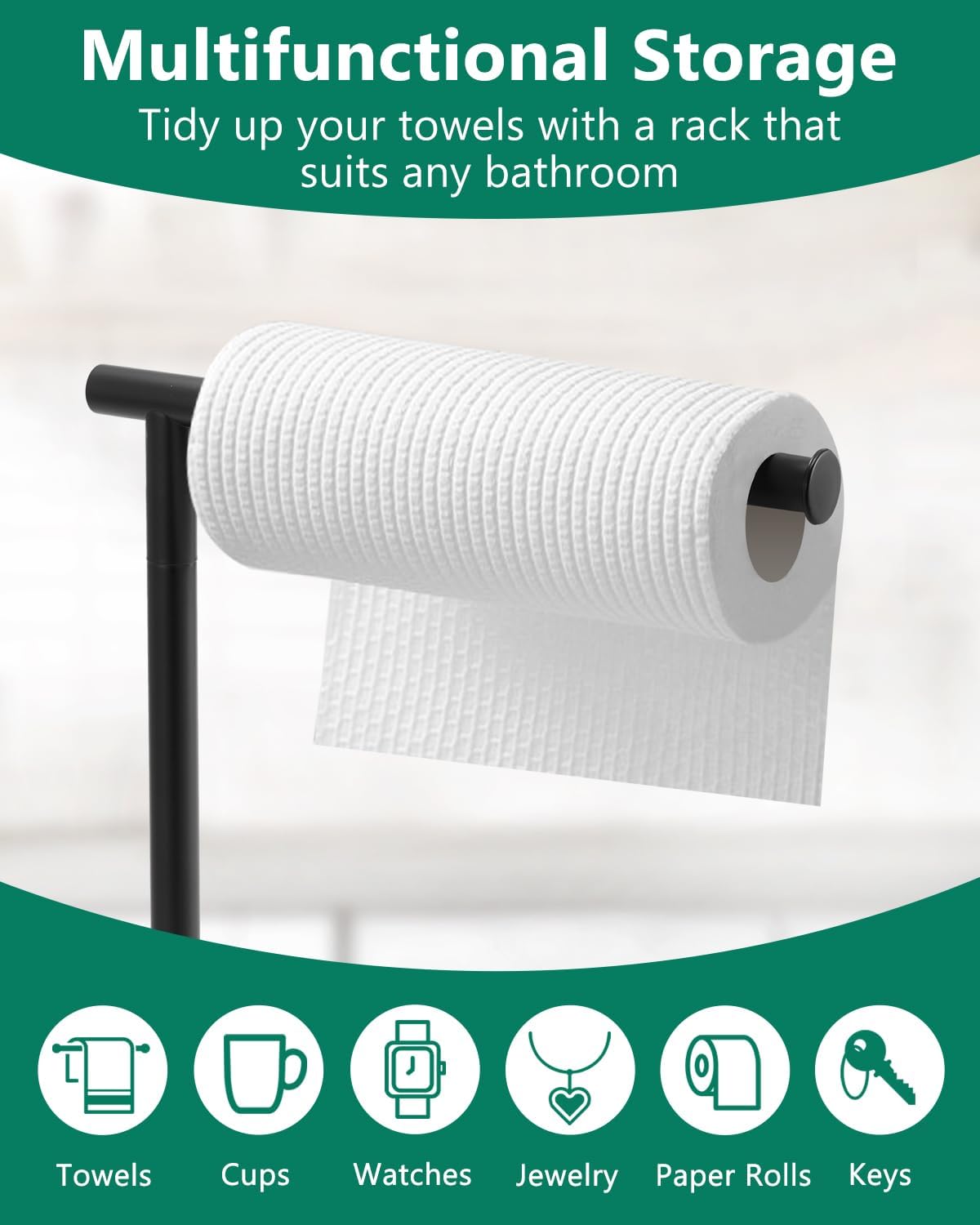 Hand Towel Holder Stand, DECLUTTR Stainless Steel Towel Rack for Bathroom Countertop, Black Free Standing Design