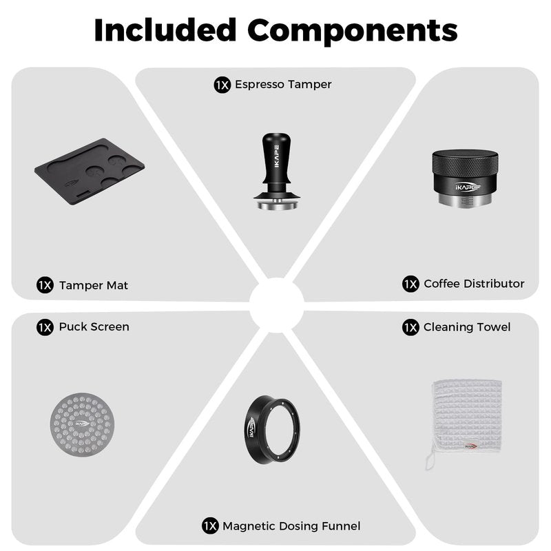 IKAPE 53.3MM Espresso Tamper Kit Black 6 IN 1, Espresso Tool Kit with Coffee Tamper, Distributor, Magnetic Dosing Funnel, Silicone Mat, Puck Screen, Cleaning Towel