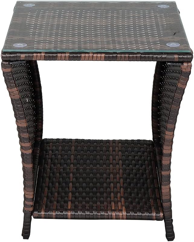 Rpuzonier Wicker Rattan Side Table, Outdoor Square Rattan Coffee End Table with Tempered Glass Top and Storage
