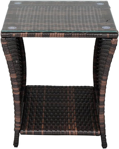 Rpuzonier Wicker Rattan Side Table, Outdoor Square Rattan Coffee End Table with Tempered Glass Top and Storage