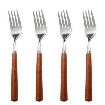 Chenshuo Wooden Handle Stainless Steel Flatware Set, Metal Forks for Home Kitchen Restaurant Hotel, Polish Forks Silverware With Brown Handle, 7.7 Inch 4 Pcs
