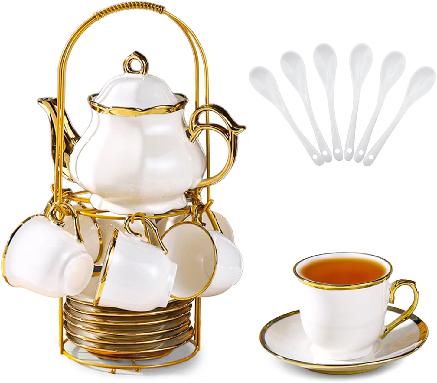 20 Set Set Sets, Set Pcs Porcelain Tea with Metal Holder, European Ceramic Tea for Adults, Coffee Tea Gift French Tea