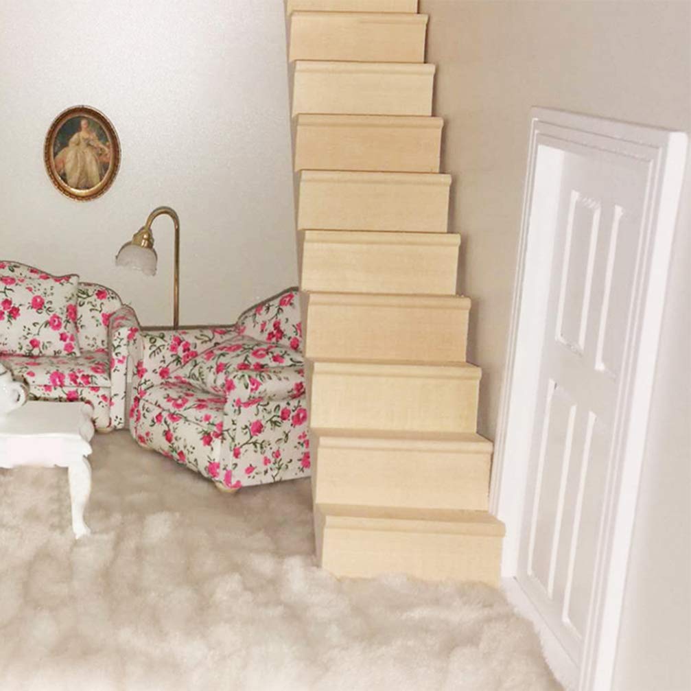 Sewroro Doll House Furnishings 1 12 Scale Dollhouse Stairs Miniature Stairs Wooden Stringer Steps Model DIY Mini Wood Staircase Without Armrest for Micro Landscape Decor