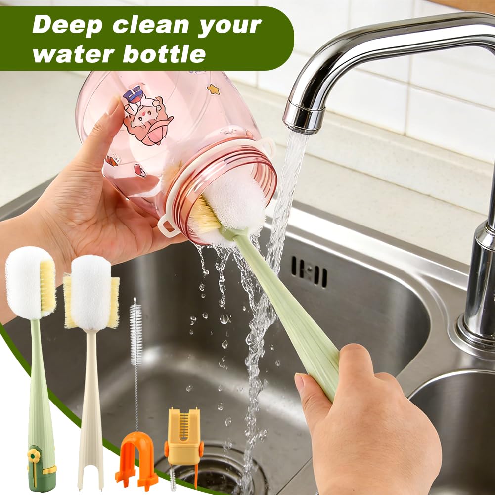 5 in 1 Bottle Cleaning Brush Set, Multifunctional Kitchen Lid Brush Cleaning Tool and Straw Cleaner, Long Handle Bottles Scrubber for Cup Lids, Hard Bristle Sponge Head Bottle Brushes