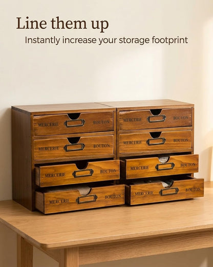 Modular Stackable Apothecary Cabinet 4 Drawer Desk Organizer - Retro Library Card Catalog Wood Storage Box - Organize Stationery, Thread Embroidery, Sewing, Crafts, Junk Drawer & Supplies Countertop