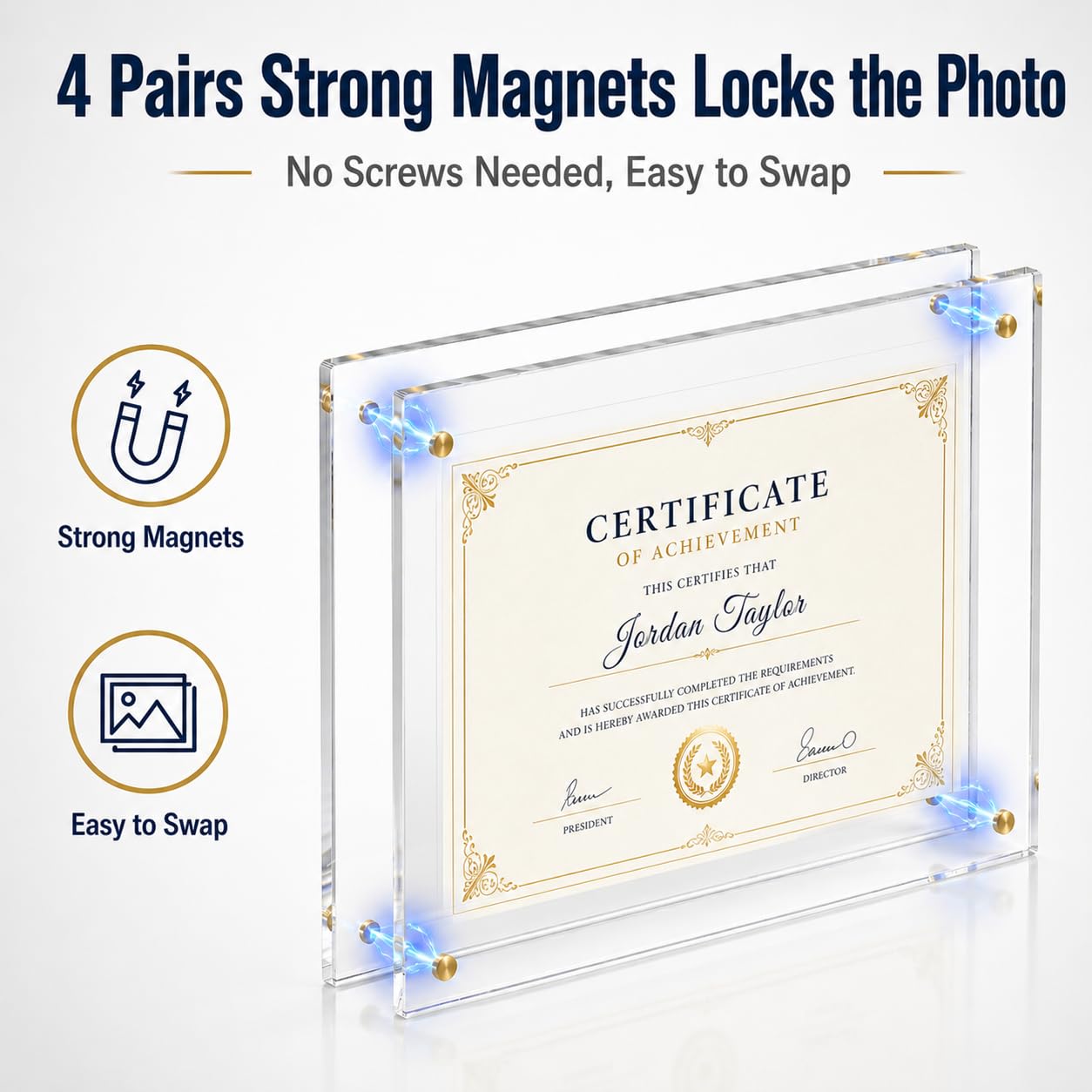 BEEJIBO 3 Pack 8.5x11 Diploma Frame for Walls – Clear Acrylic Certificate Frames with Magnetic, Self-Adhesive No-Drill Wall Mount Picture Frame for Documents, Artwork & Photos