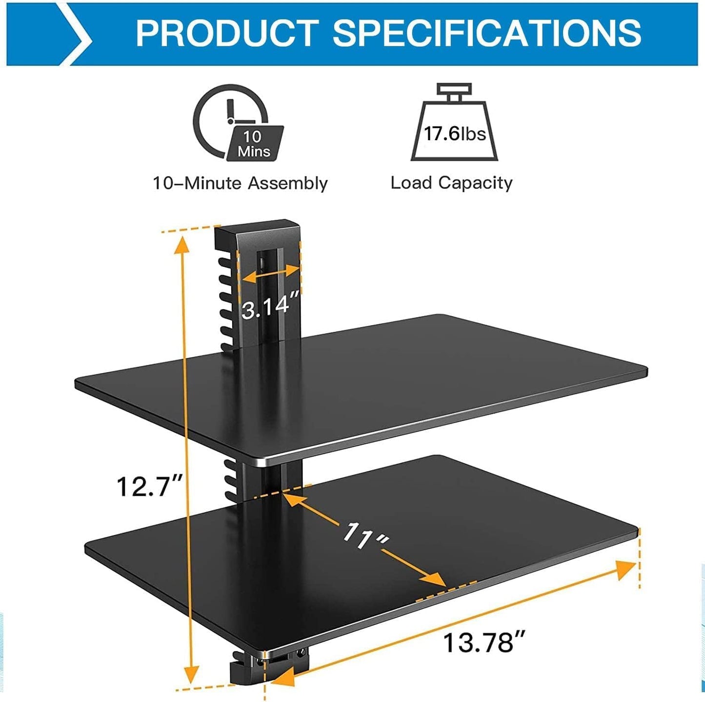 PERLESMITH Floating AV Shelf, Double Wall Mount TV Shelf - Holds up to 17.6lbs for Xbox, Projector, Cable Box