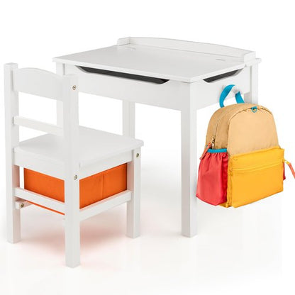 Costzon Kids Table and Chair Set, Flip Top Toddler Study Desk w/Chair for Playroom & Nursery, Wood Activity Table Set w/Storage Space, Safety Hinge, Pull-Out Drawer & Hook for Arts, Crafts (White)