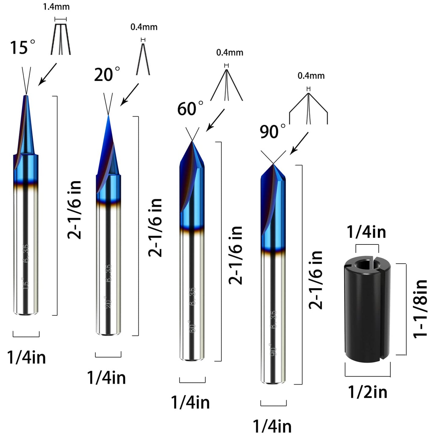 Helovmine Engraving Bits 15, 20, 60, 90 Degree CNC Wood Carving Router Bit Set with Nano Blue Coated, Marking Conical Engraving Router Tool , 2 Flutes Tungsten Steel Straight CNC V-bit 1/4 Inch Shank