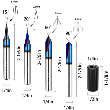 Helovmine Engraving Bits 15, 20, 60, 90 Degree CNC Wood Carving Router Bit Set with Nano Blue Coated, Marking Conical Engraving Router Tool , 2 Flutes Tungsten Steel Straight CNC V-bit 1/4 Inch Shank