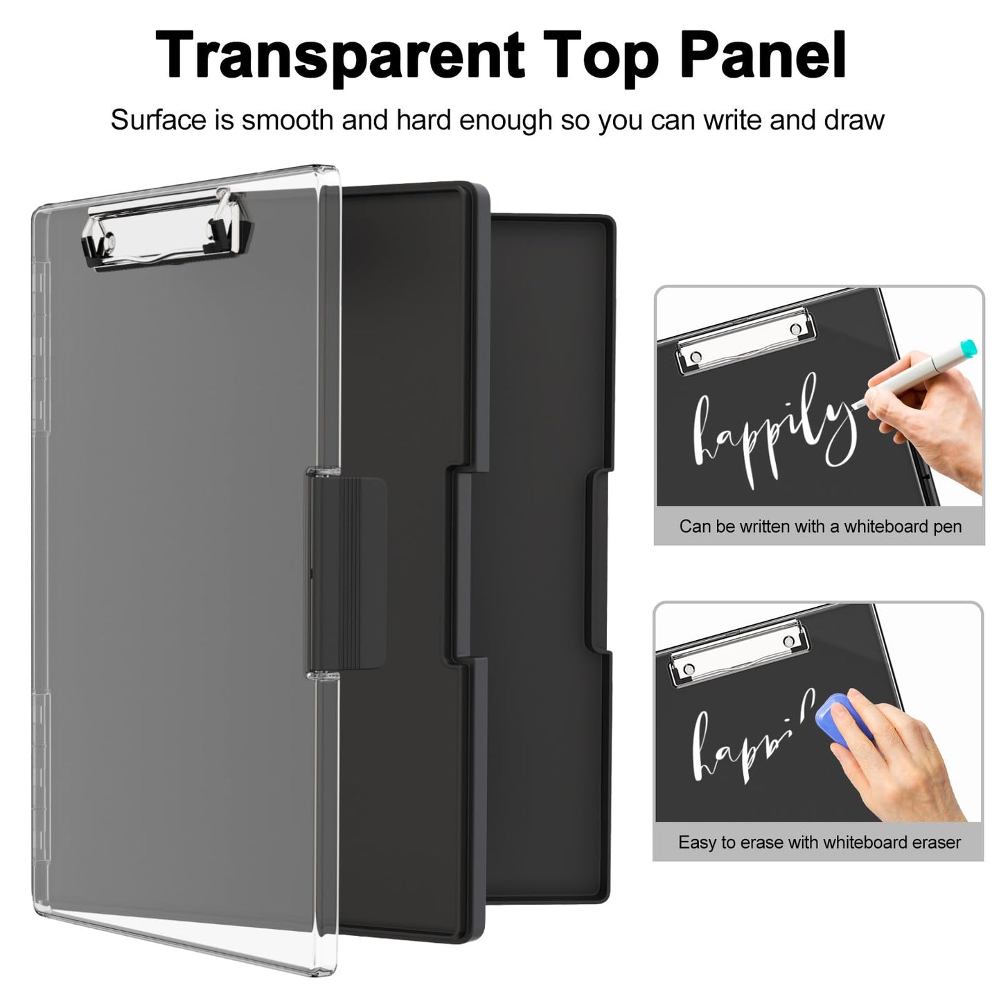 Piasoenc Clipboard with Storage, 8.5 x 11 Clip Boards with 2 Storage Case and A4 Paper Folder, Clear Dry Erase Top Panel, Heavy Duty Plastic, Folio & Side Opening, for Nurses, Teachers, Lawers,Black